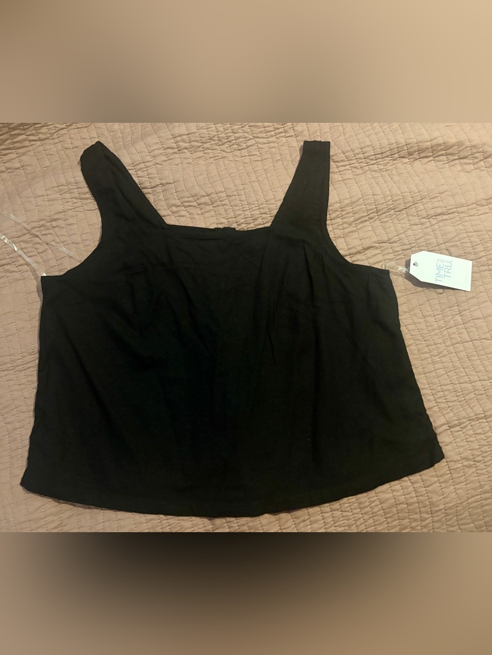 Time and Tru Black Square Neck Linen Tank w/ Wide Straps & Buttons Down the Back